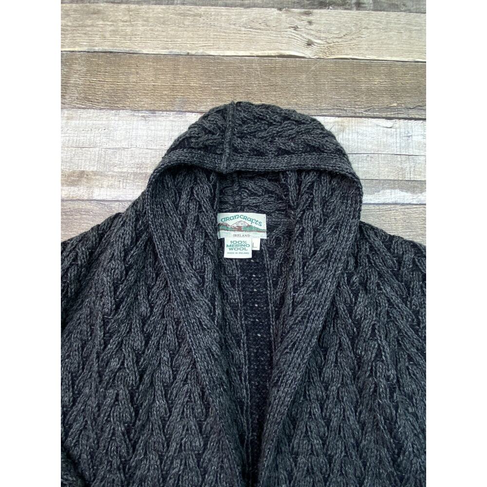Aran Crafts Merino Wool Cable Open Hooded Long Cardigan Sweater Robe Adult Sz L - Picture 2 of 7